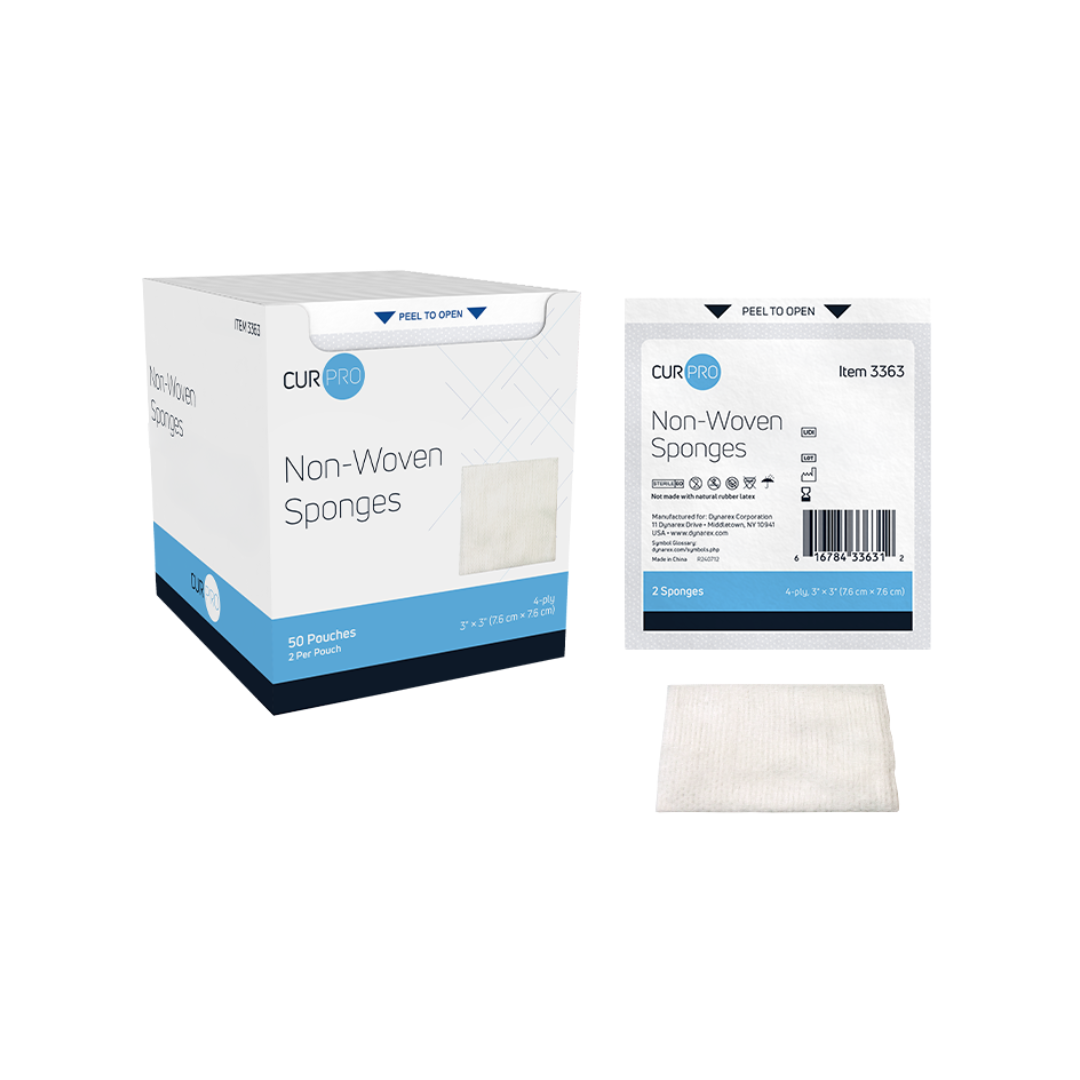 The Dynarex CurPro Non-Woven Sponges are shown in a box and individually wrapped pouches, each containing a single, highly absorbent wound sponge. Dimensions and quantity are displayed on both the box and the pouch.